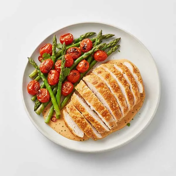 Jalapeño-Cheddar Crusted Chicken with Blistered Tomato Asparagus & Chipotle-Lime Velvet